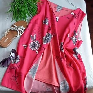 Elegant Floral V-Neck Blouse - Red